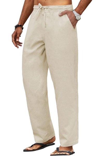 COOFANDY Men's Casual Linen Pants Elastic Waist Drawstring Yoga Beach Pants L...