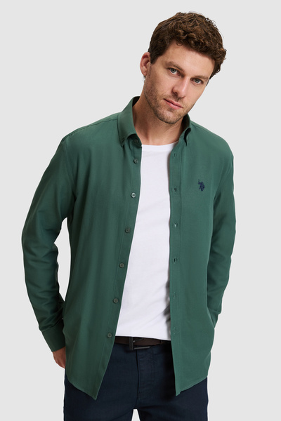 U.S. Polo Assn. Cămașă de bază cu mânecă lungă, verde închis, pentru bărbați ...