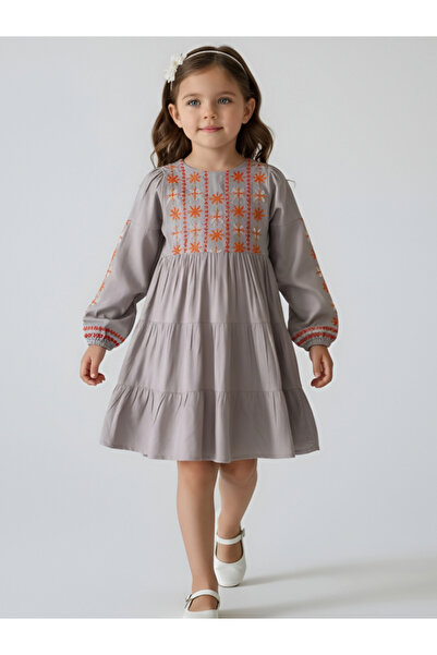 Bella Moda By Styli Girls Full Sleeve Multi-Thread Embroidered Tiered Midi Dress