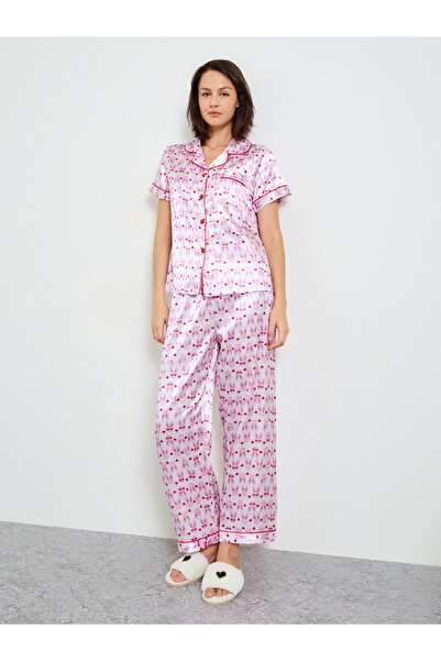 Take Two By Styli Pink Bunny Print Satin Pajama Set with Short Sleeves and St...