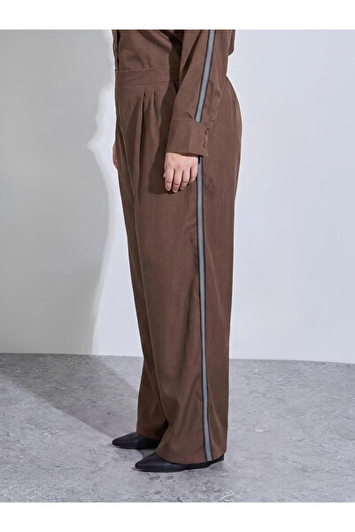 Styli Plus Size Brown Wide Leg Trousers with Side Stripe Detail