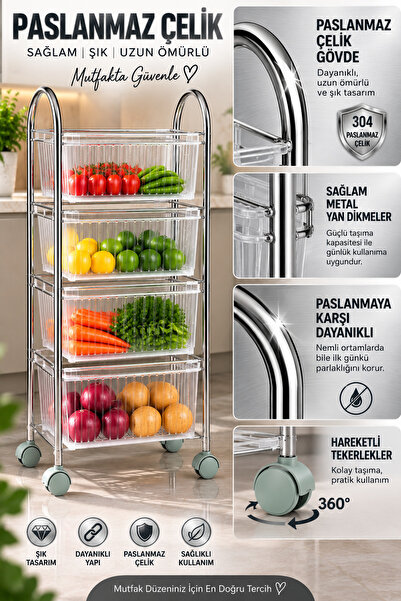 Mecra Life 4 Katlı Tekerlekli Sebzelik Meyvelik – Paslanmaz Çelik Metal Gövde...