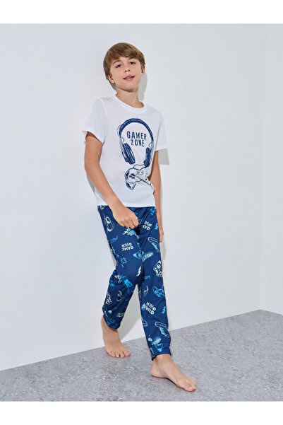 Styli Teen Boys White Graphic Print T-Shirt and Blue AOP Pants Pyjama Set
