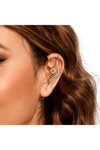 Yükseliş Geometrik Zirkon Taşlı Kıkırdak Küpe Ear Cuff - Antik Sarı