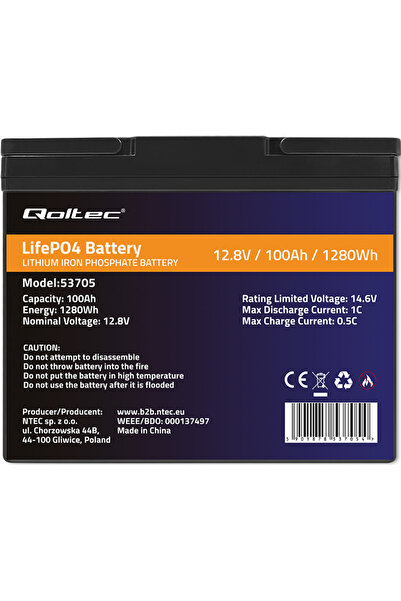 Qoltec Baterie LiFePO4 Litiu-Fier-Fosfat 12.8V 100Ah 1280Wh BMS 53705 (590187...