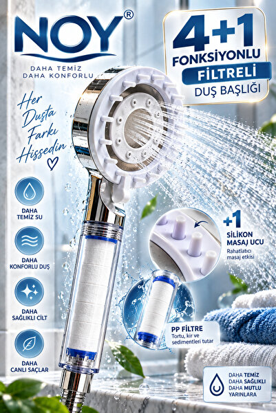 NOY Duş Başlığı Filtreli Duş Başlığı Duş Filtresi 4+1 Fonksiyonlu Silikon Mas...