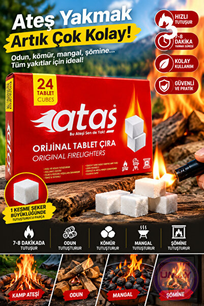 ATAŞ Soba Tutuşturucu Tablet Çıra 24 Parça | Şömine, Mangal ve Kamp Ateşi Yak...