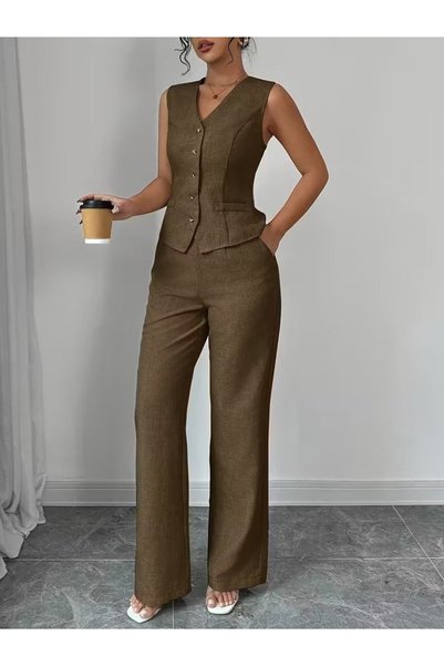 Generic Brand Women's Strappy Button-Front Blouse and Pants Linen Two-Piece Set