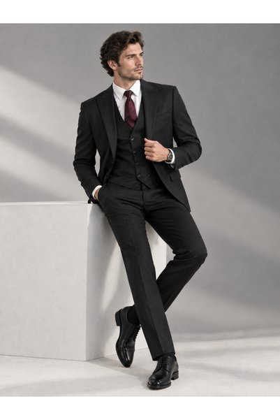 Generic Men's Modern Black 3-Piece Suit – Stylish Slim Fit Jacket, Vest & Tro...