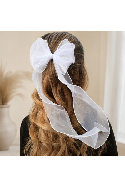 ESES BEBE Women's and Girls' Long Tulle Organza Large Bow Clip Ribbon Hair Clip