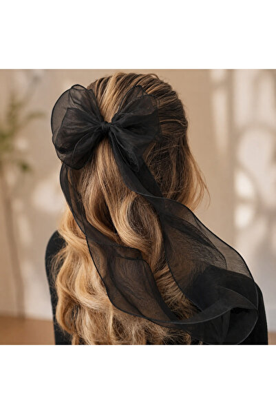 ESES BEBE Women's and Girls' Long Tulle Organza Large Bow Clip Ribbon Hair Clip