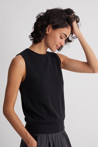 Silk and Cashmere Siyah Pera Saf Kaşmir Yuvarlak Yaka Kolsuz Triko