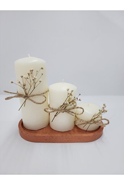 Pura Design 3'lü Kokulu Büyük Silindir Mum Ve Mumluk Organizer Seti (14 X 9 X 4 Cm. ) - Krem-kahve