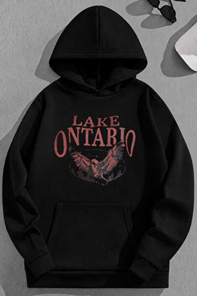 K KOZZ STYLE Unisex 3 Thread Cotton Black Lakeontario Print Loose Fit Sweatsh...