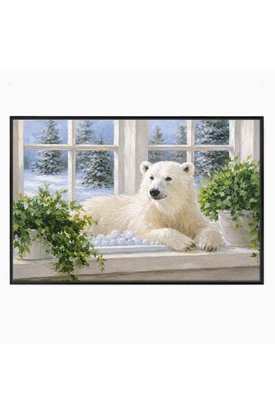 Luxcanva Tablou Canvas Urs Polar La Fereastra 100x70 cm cu Rama Negru Urs Pol...