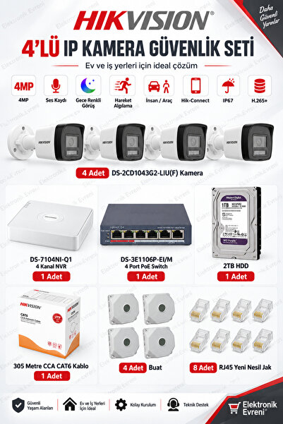 Hikvision 4'lü 4MP IP Kamera Seti DS-2CD1043G2-LIU(F) 2TB HDD 305m CAT6 PoE S...