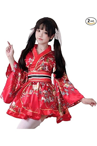 Funny Party Team Costum Cosplay Kimono Japonez rosu cu centura, 13-14 ani