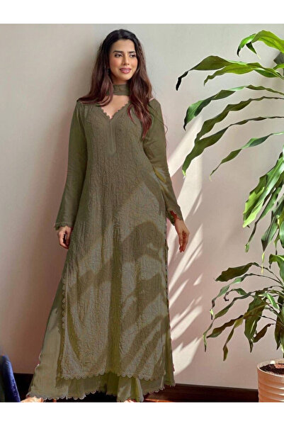 MYSMAR Green Faux Georgette Salwar Kameez & Dupatta Set - HRT5439 | Green-Siz...