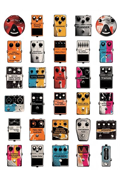 dekorif 30 Adet Vintage Elektro Gitar Pedalı Sticker Seti - Laptop Gitar Kutu...