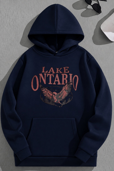 K KOZZ STYLE Unisex 3 Thread Cotton Navy Blue Lakeontario Print Loose Fit Swe...