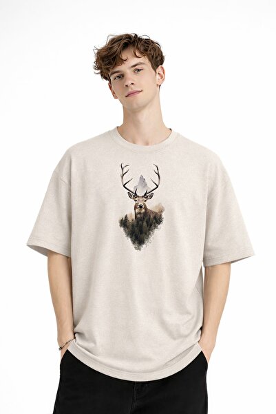 Zerenyus Deer Printed - Premium Fabric Oversize Men's T-Shirt Beige
