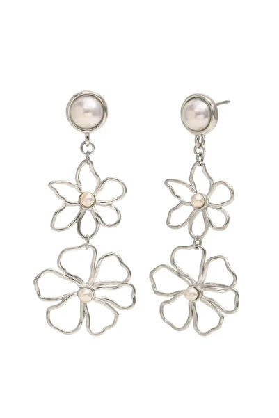 Peach Jewelry Σκουλαρίκι σε σχήμα λουλουδιού με πέρλα, ασημί χρώμα, από ανοξε...