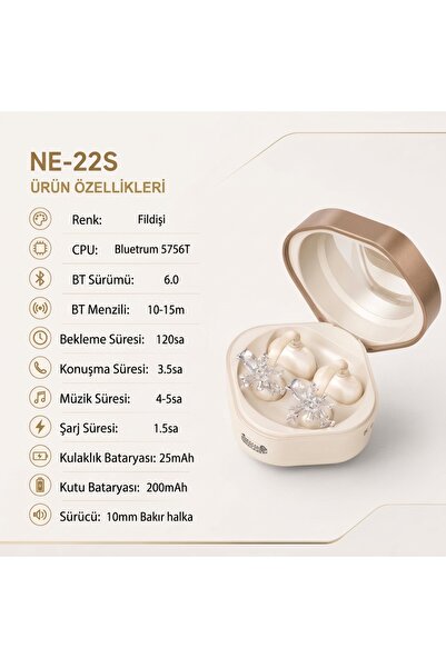 Mmctech Charmlı Klipsli Bluetooth Kulaklık Kablosuz ANC ENC Çift Mic Küpe Kulaklık