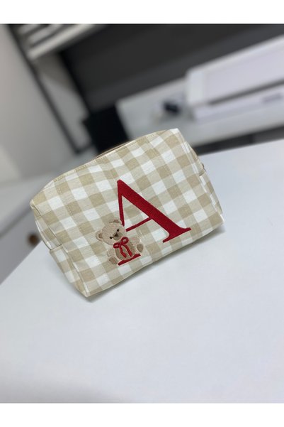 Pearl Teks Red Teddy Bear Letter Embroidered Organizer Bag