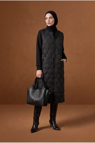 Armine TREND Kapitone Desenli Fermuarlı Cepli Uzun Yelek Modern Günlük Tesett...