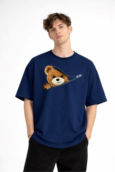 Zerenyus Bear - Printed Premium Fabric Oversize Unisex T-Shirt Navy Blue