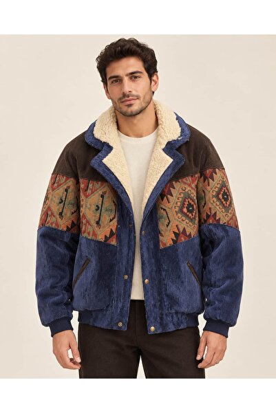 CANMODA (7998) Unisex Kürklü Yaka Vintage Aztek Ceket Oversize 90lar Mont Lar...