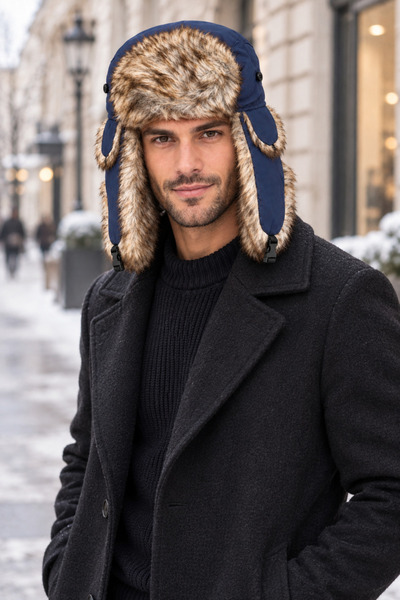 HatClub Exclusive قبعة طيار شتوية للرجال مع تفاصيل من الفرو وسماعات رأس
