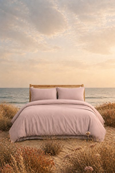 Karden Flower Plain Aura Powder 100% Cotton Poplin Double Duvet Cover Set
