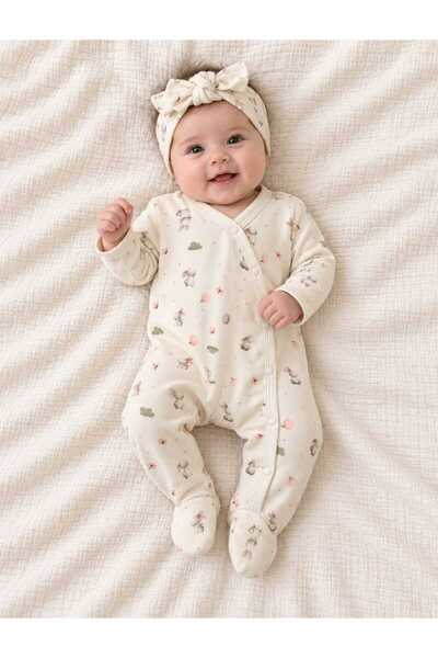 kidsense Baby Girl Rabbit Patterned Headband 100% Cotton Organic Booties Snap...