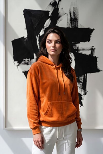 CAST COLLECTİON سترة نسائية بقلنسوة كبيرة الحجم من القطن الممشط باللون البرتقالي