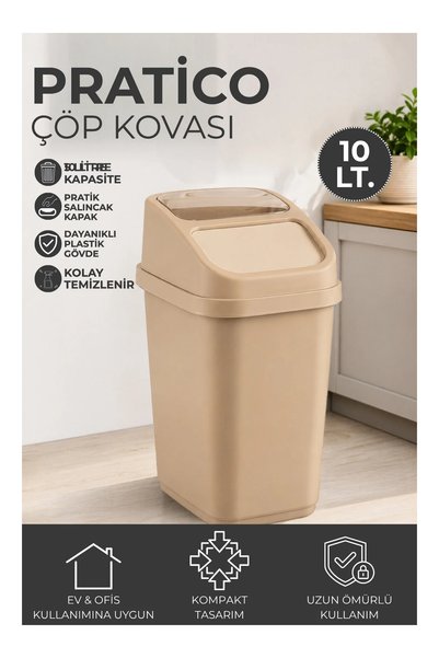 Genel Markalar Çöp Kovası 10 Litre Sallanan Kapaklı Mat Yüzey Mutfak Banyo Of...