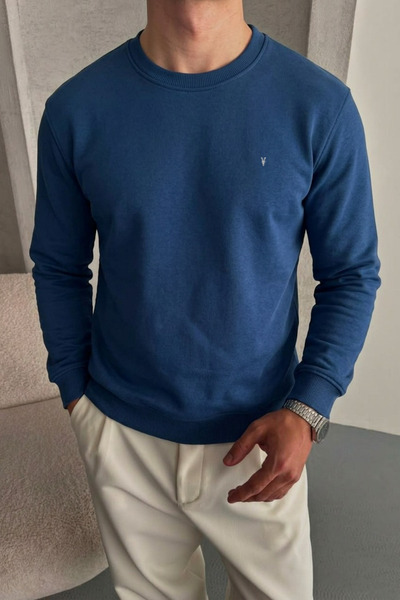 COMBİNE MİCHAİL Men's Loose Textured Flare Indigo Sweatshirt