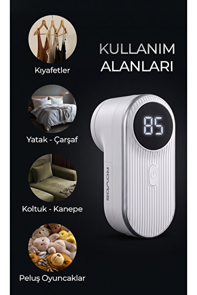 ROVOS Dijital Ekranlı Şarjlı Tüy Temizleme Makinesi, 3 Hız Kademeli Tüy, Tiftik Temizleyici Beyaz