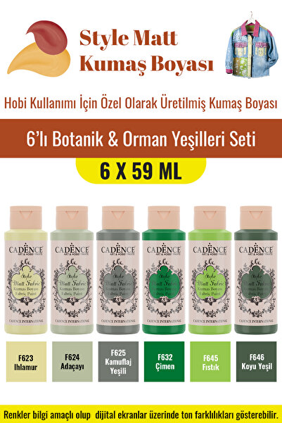 Cadence Boya 6X59ML Style Mat Kumaş Boyası - Botanik & Orman Yeşilleri Seti