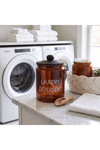 ARVALE Laundry Detergent Yazılı Amber Cam Deterjan Kavanozu, Siyah Kapaklı Or...