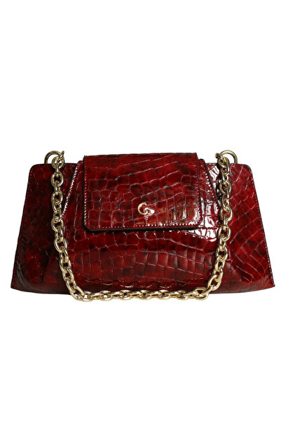 Platin Red Patent Leather Crocodile Print Women's Shoulder Bag