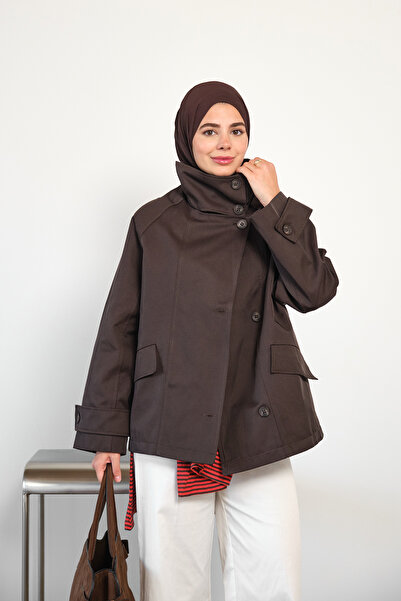 LOCCO Women's Lapel Button Detail Double Pocket Lined Jacket Brown