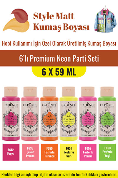 Cadence Boya 6X59ML Style Mat Kumaş Boyası - Premium Neon Parti Seti