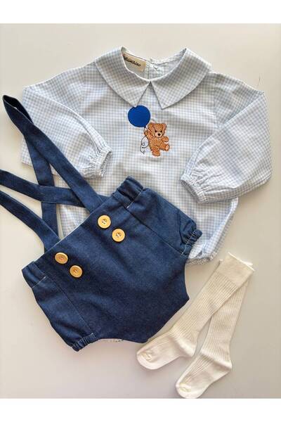 il mio bambino El Yapımı %100 Pamuklu Ayıcık Konsept Nakış İşlemeli Jean Romp...