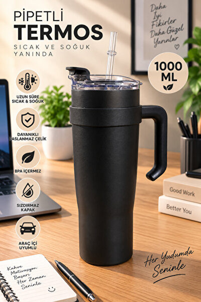 Funny Life Double Wall Travel Leak-Proof Steel Thermos 1000 ml Steel Flask wi...