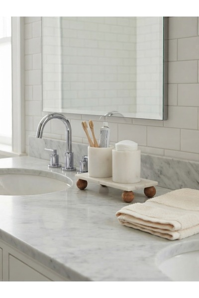 Doğal Mermer Ahşap Ayaklı 3’lü Banyo Seti / Diş Fırçalık ve Makyaj Pamukluk Düzenleyici Organizer ve 30x15 tepsi
