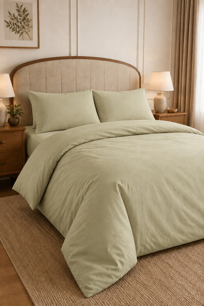 Karden Flower Plain Aura Olive Green 100% Cotton Poplin Double Duvet Cover Set