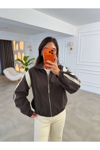 Elif Özbey Butik Kahverengi Dik Yaka Garnili Yağmurluk
