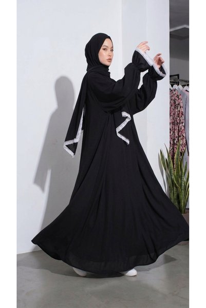 SNM BUTİK TEKSTİL VE MODA Cotton Viscose Front Zipper Lace Detailed Practical Women's Prayer Dress with Self-Scarf