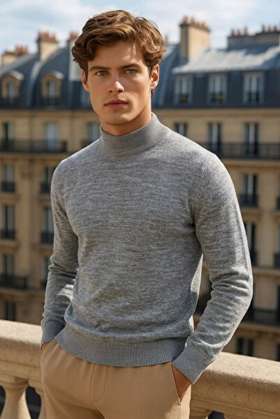 COMBİNE MİCHAİL Men's Casual Daily Trend Basic Gray Sweater